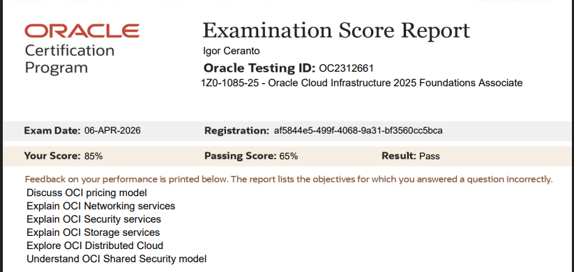 Score report oficial do exame OCI Foundations 2025 com 85%